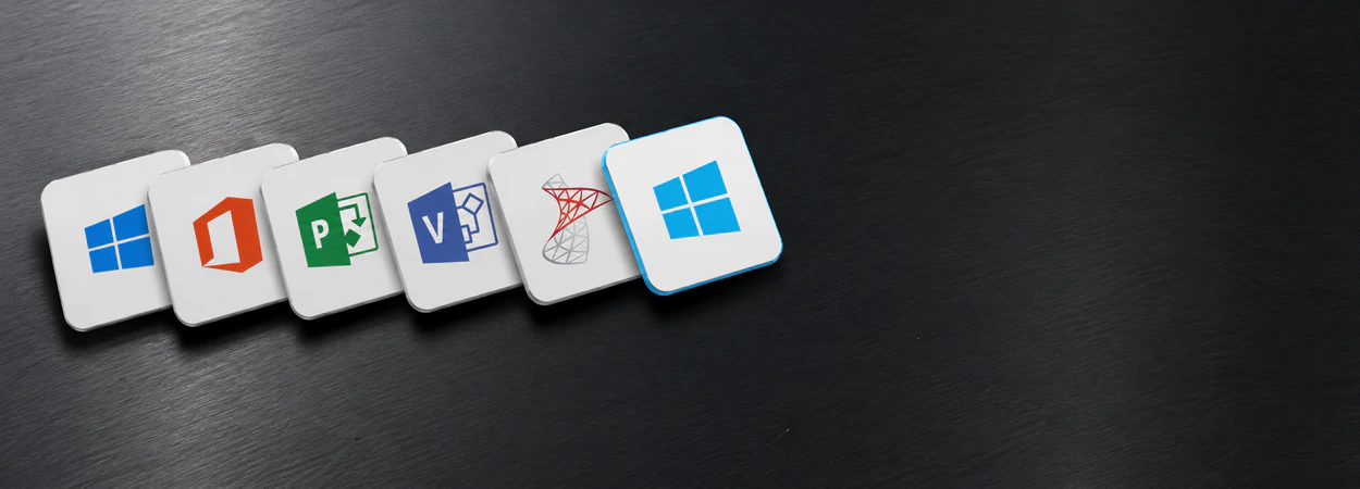 Windows, Office, Project, Visio and SQL Server licence cards in a row